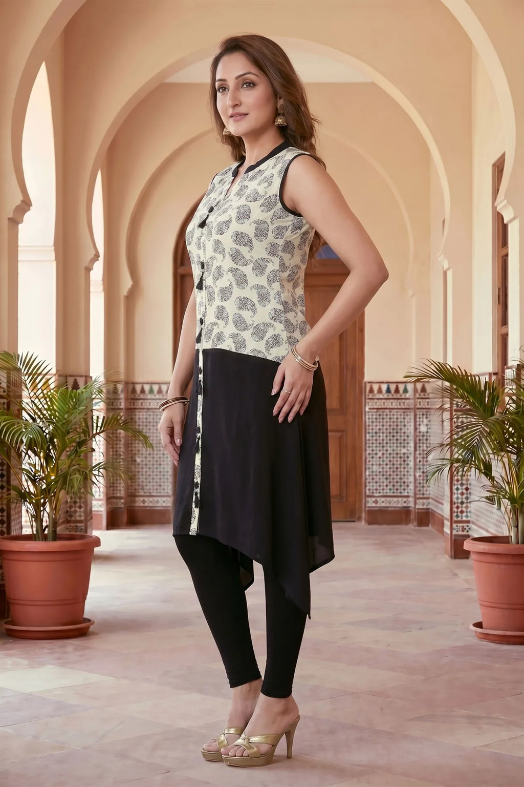 Black And Cream Rayon Tunic Kurta With Show Buttons