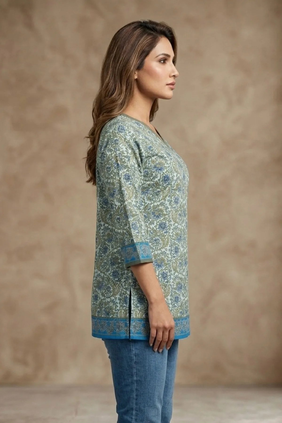 Pista Green V Neck Jaipuri Print Cotton Short Kurti