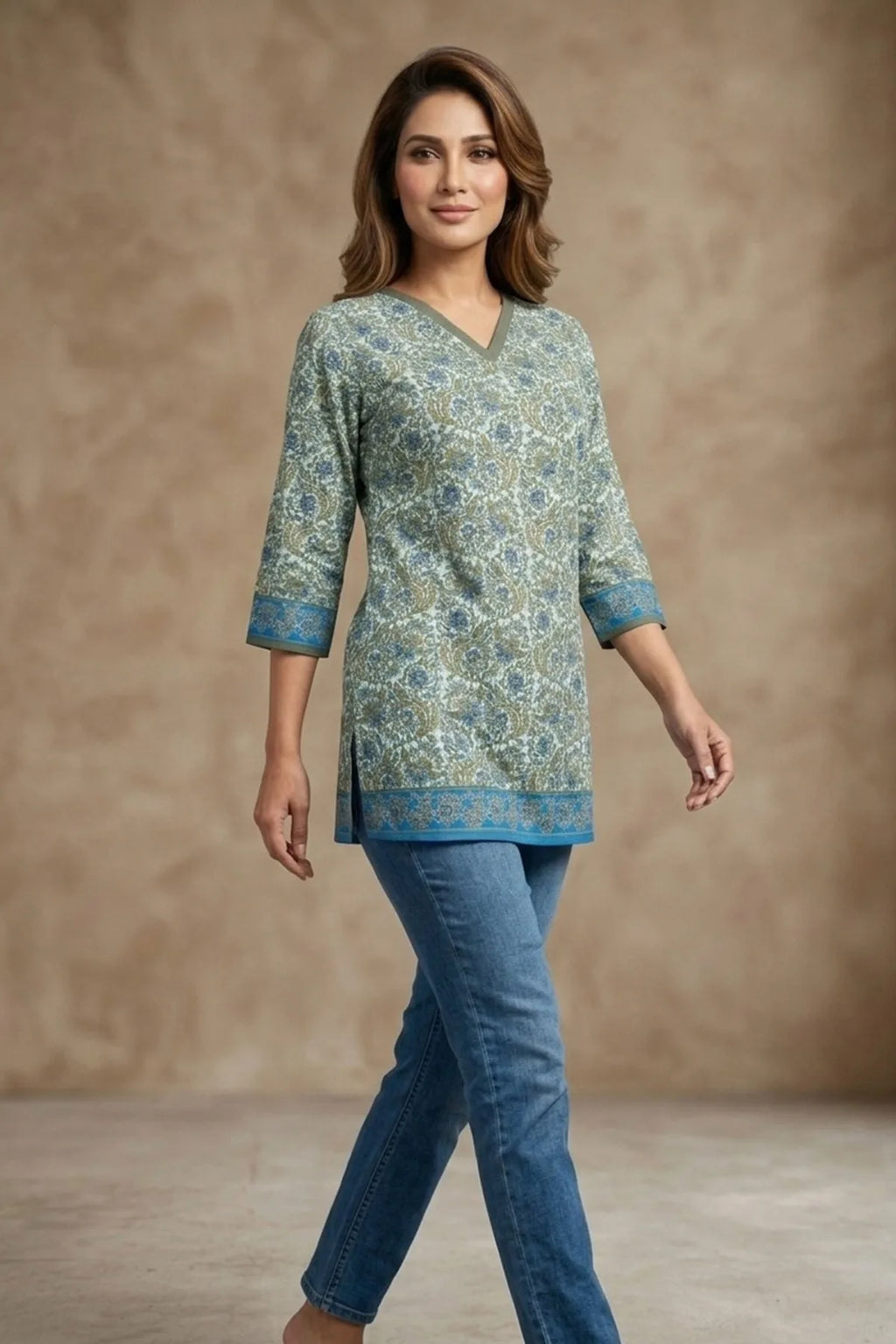 Pista Green V Neck Jaipuri Print Cotton Short Kurti