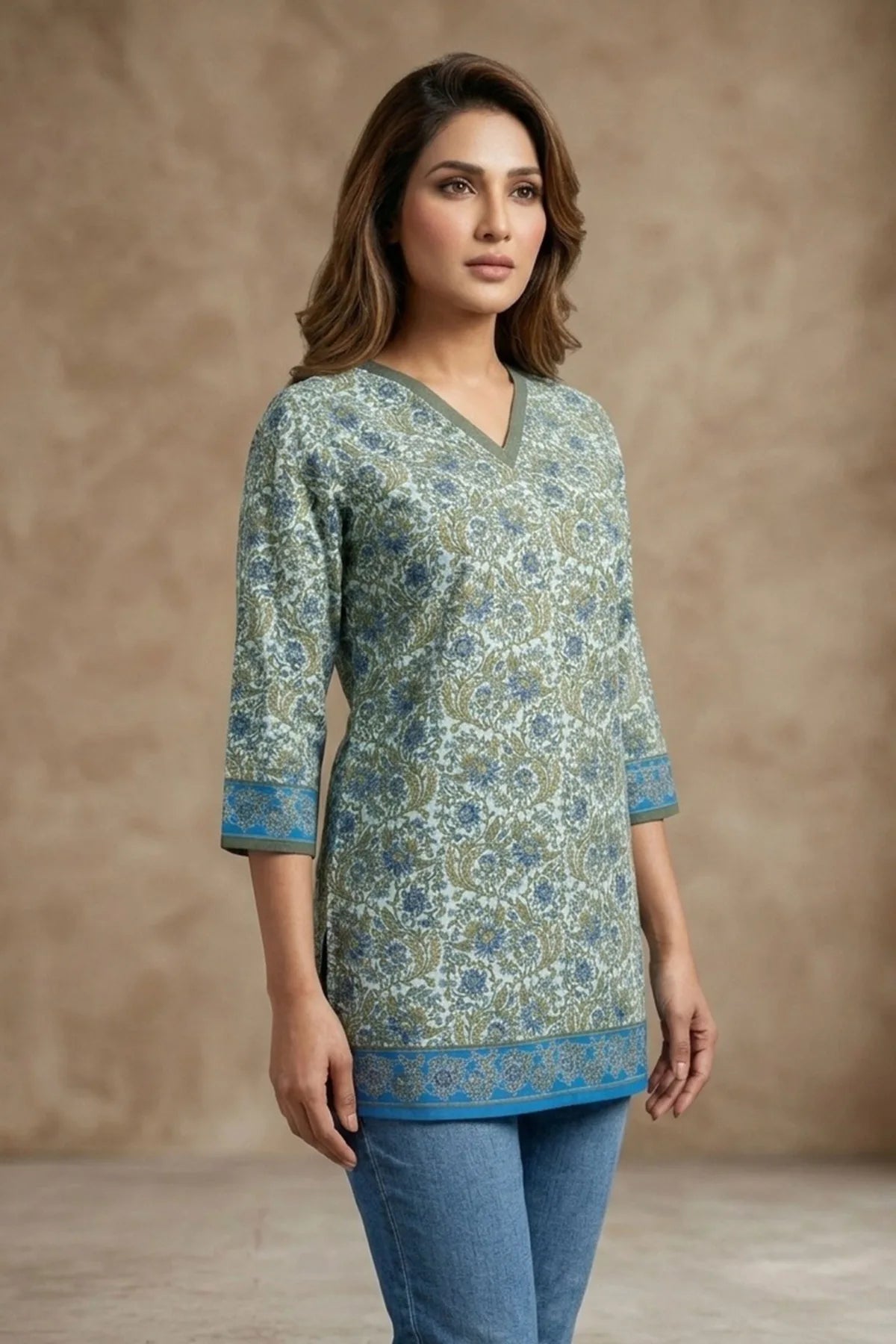 Pista Green V Neck Jaipuri Print Cotton Short Kurti