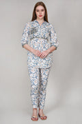 White Leaf Print Cotton Co-Ord Set with Mirror Work