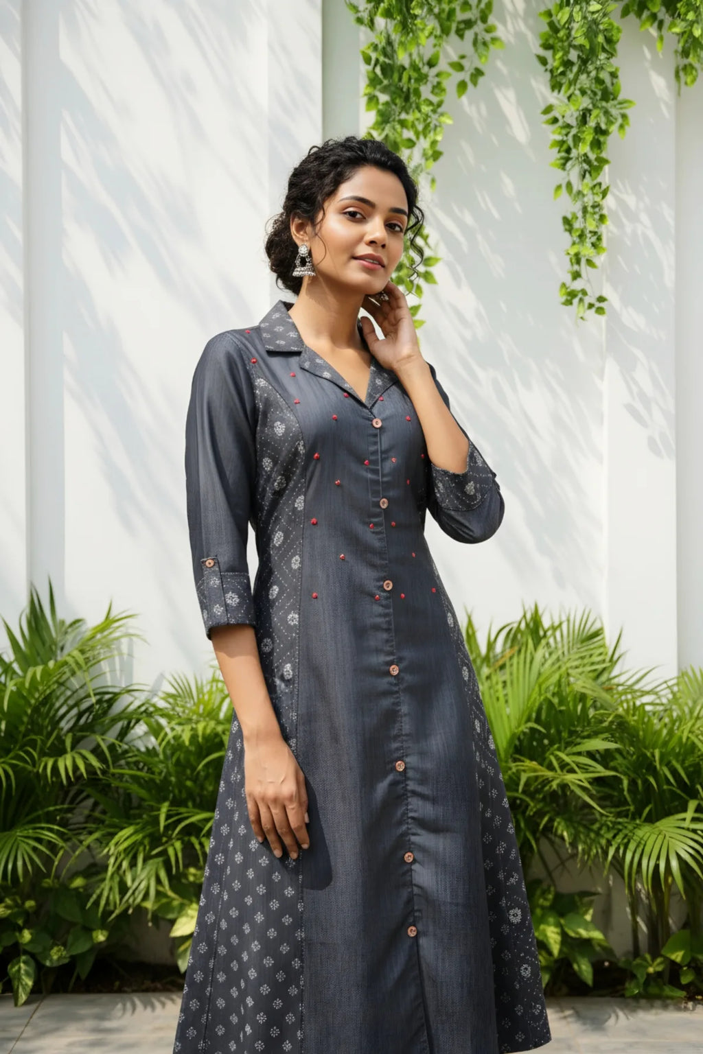 Black Denim Indo Western Dress with Coat Collar