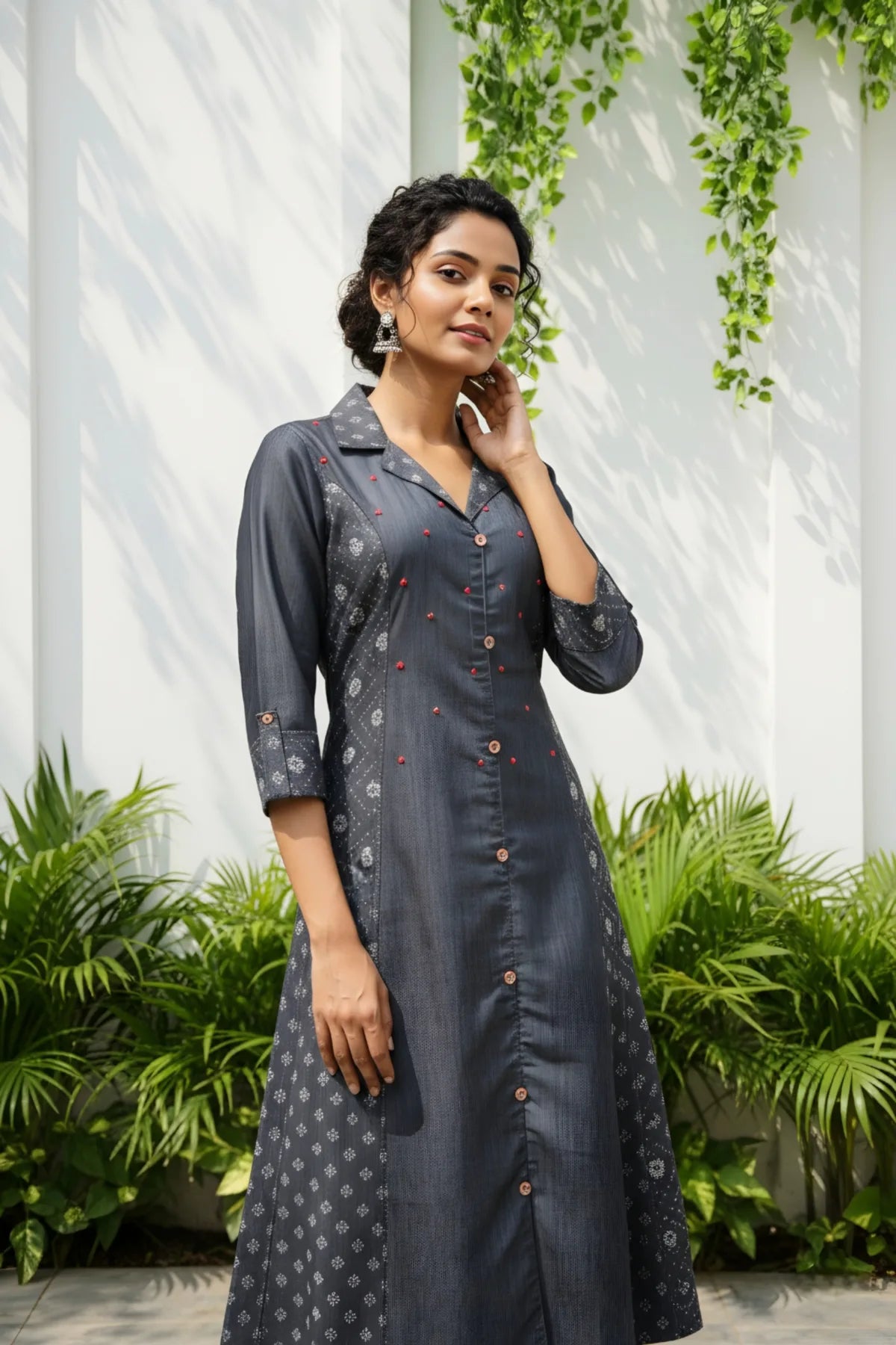 Black Denim Indo Western Dress with Coat Collar