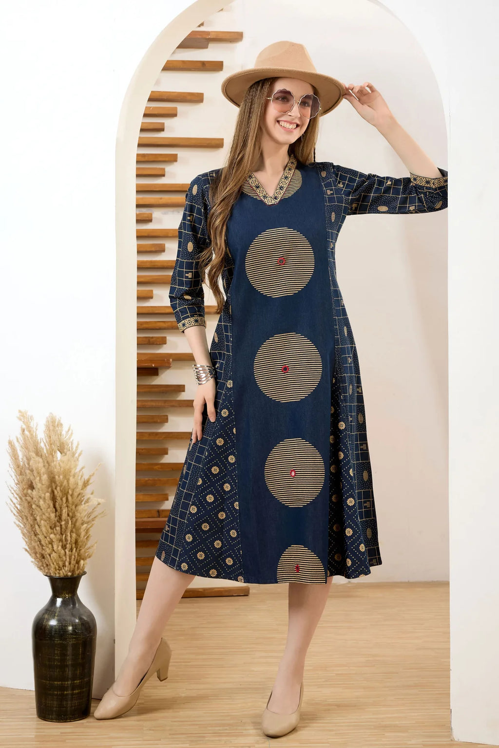 Denim Blue V Neck A Line Indo Western Dress
