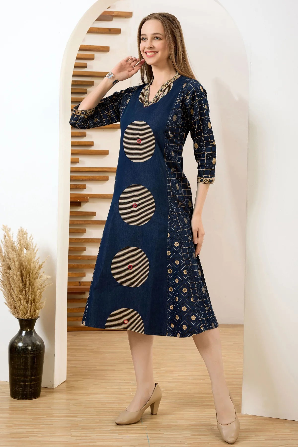 Denim Blue V Neck A Line Indo Western Dress