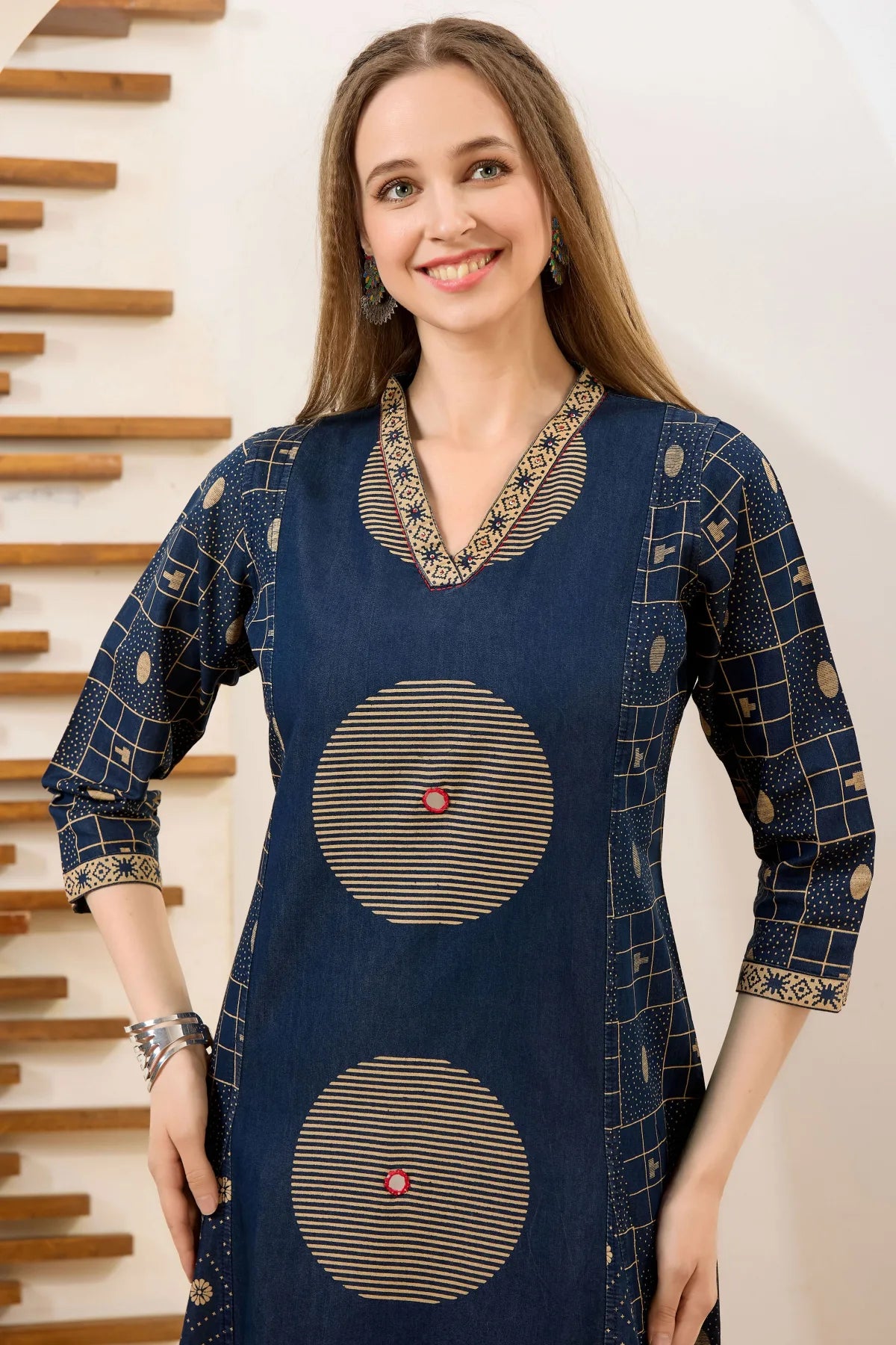 Denim Blue V Neck A Line Indo Western Dress