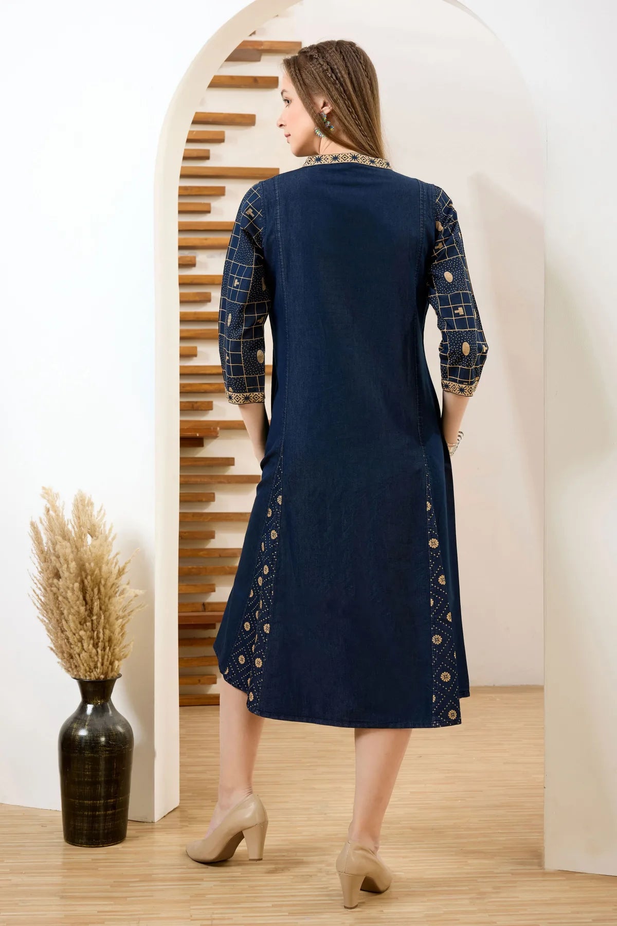 Denim Blue V Neck A Line Indo Western Dress