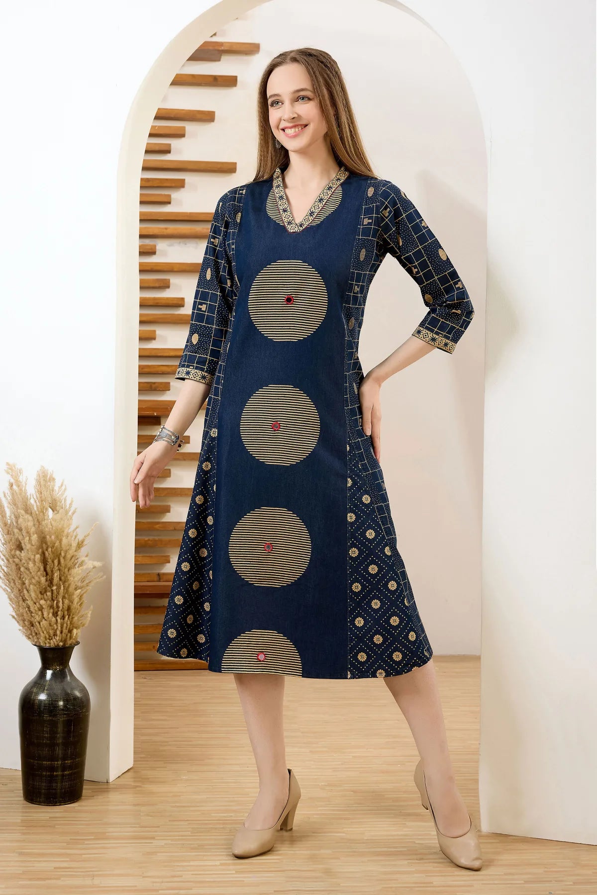 Denim Blue V Neck A Line Indo Western Dress