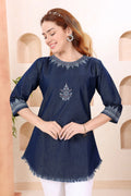 Denim Blue Boat Neck Tunic with Hand Embroidery