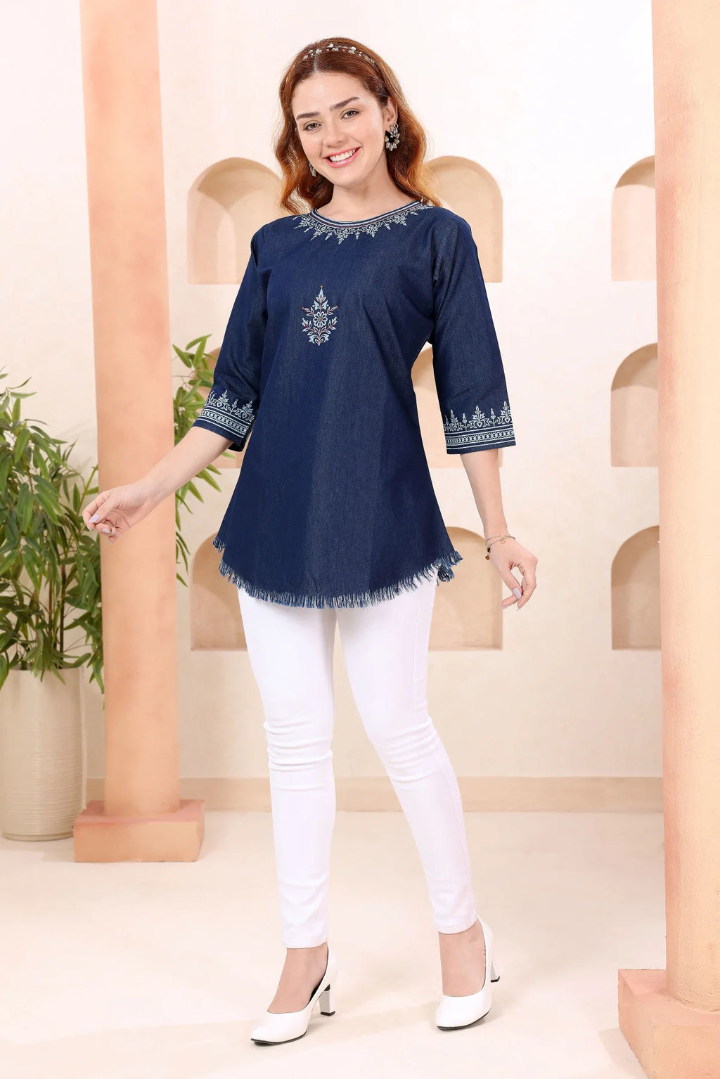 Denim Blue Boat Neck Tunic with Hand Embroidery