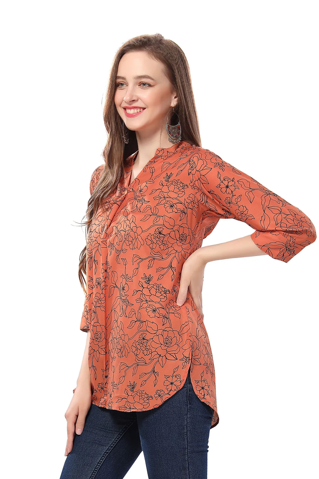 Rust Printed Short Tunic in Faux Crepe