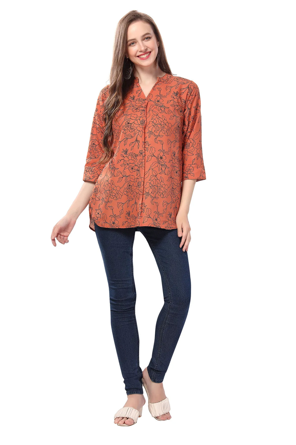 Rust Printed Short Tunic in Faux Crepe