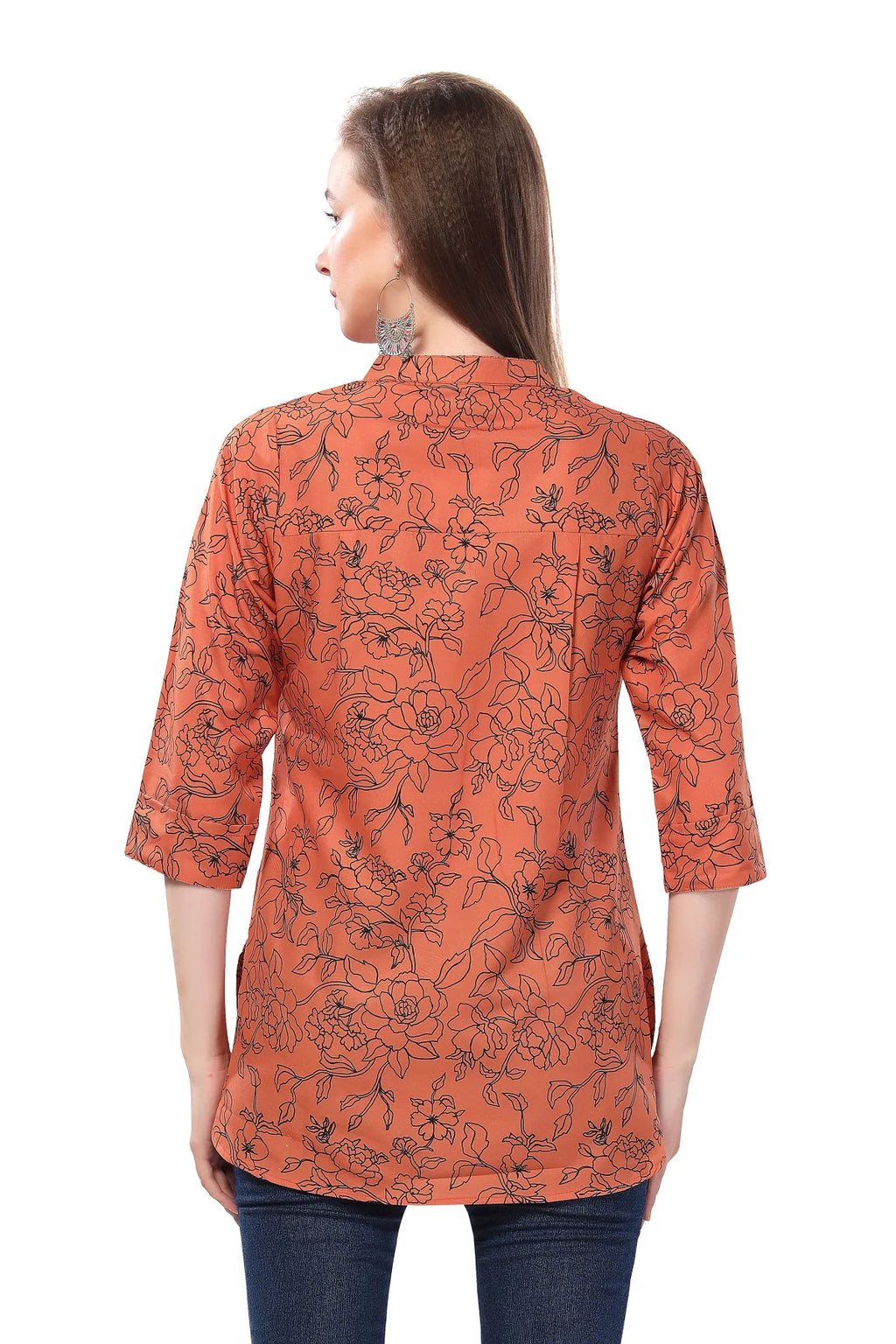 Rust Printed Short Tunic in Faux Crepe