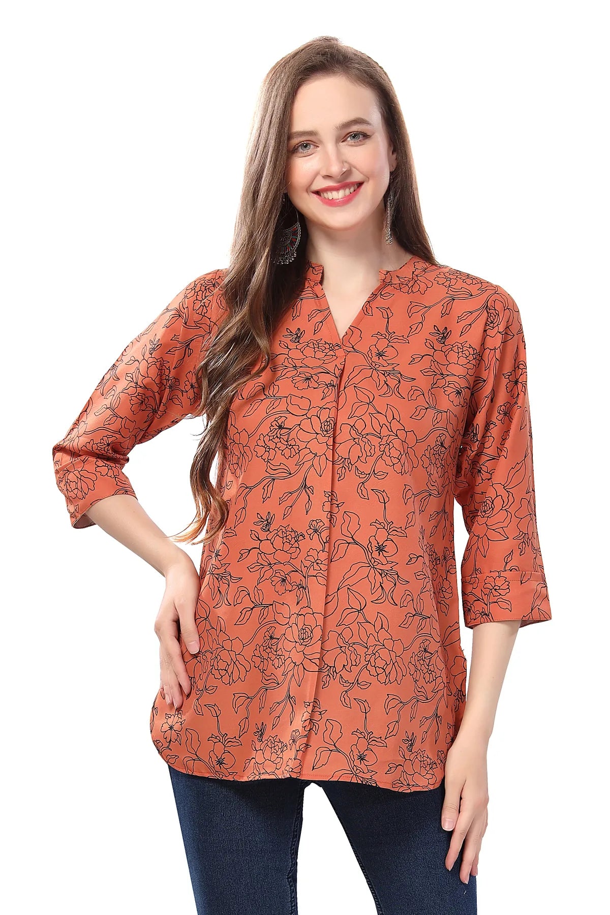 Rust Printed Short Tunic in Faux Crepe