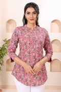 Floral Coral Ban Collar Short Tunic Top for Women