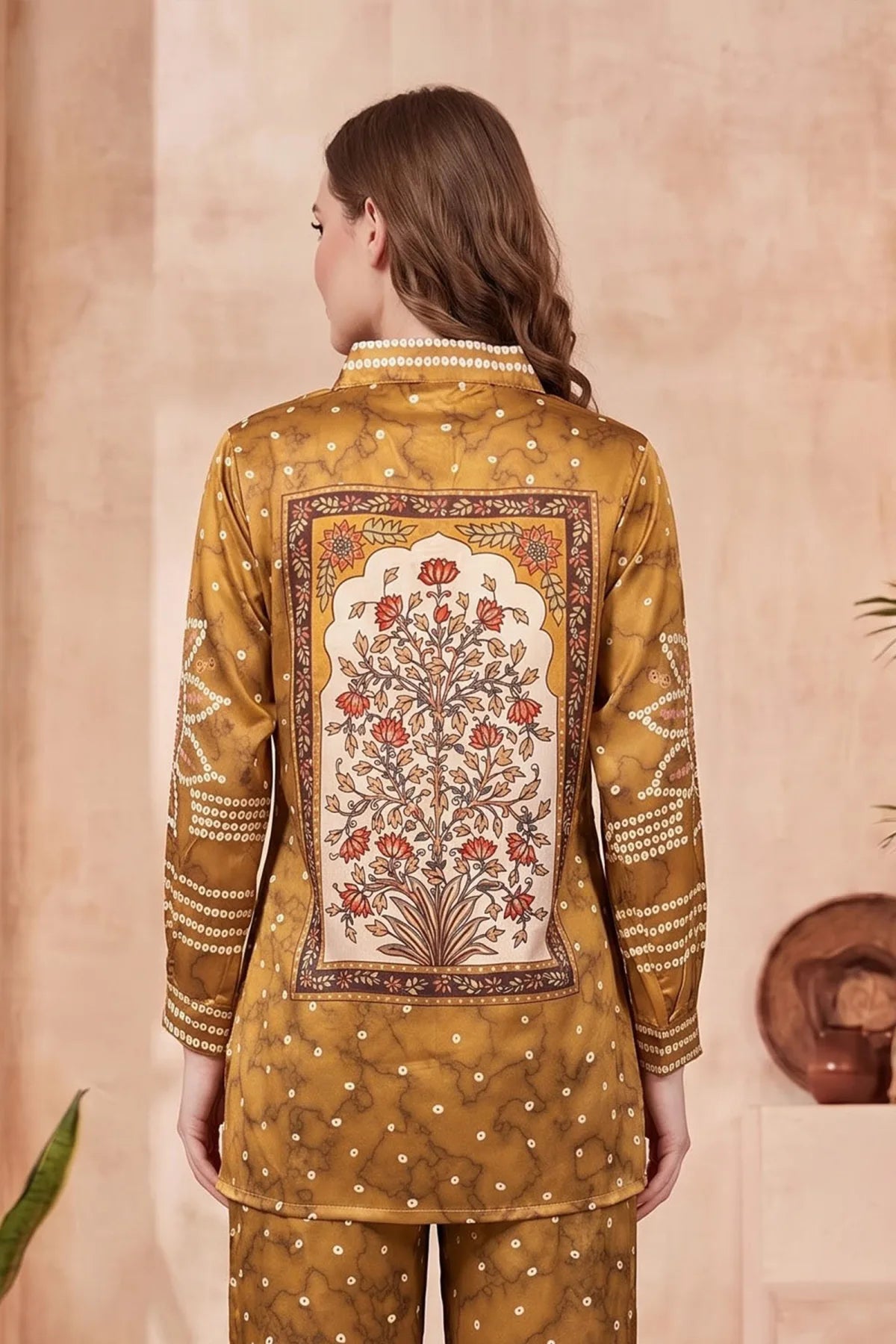 Mustard Modal Crepe Silk Bandhani Print Shirt with Floral Back Panel