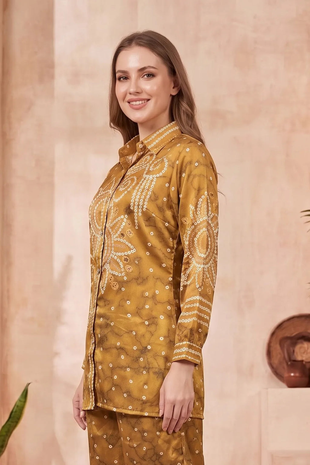 Mustard Modal Crepe Silk Bandhani Print Shirt with Floral Back Panel