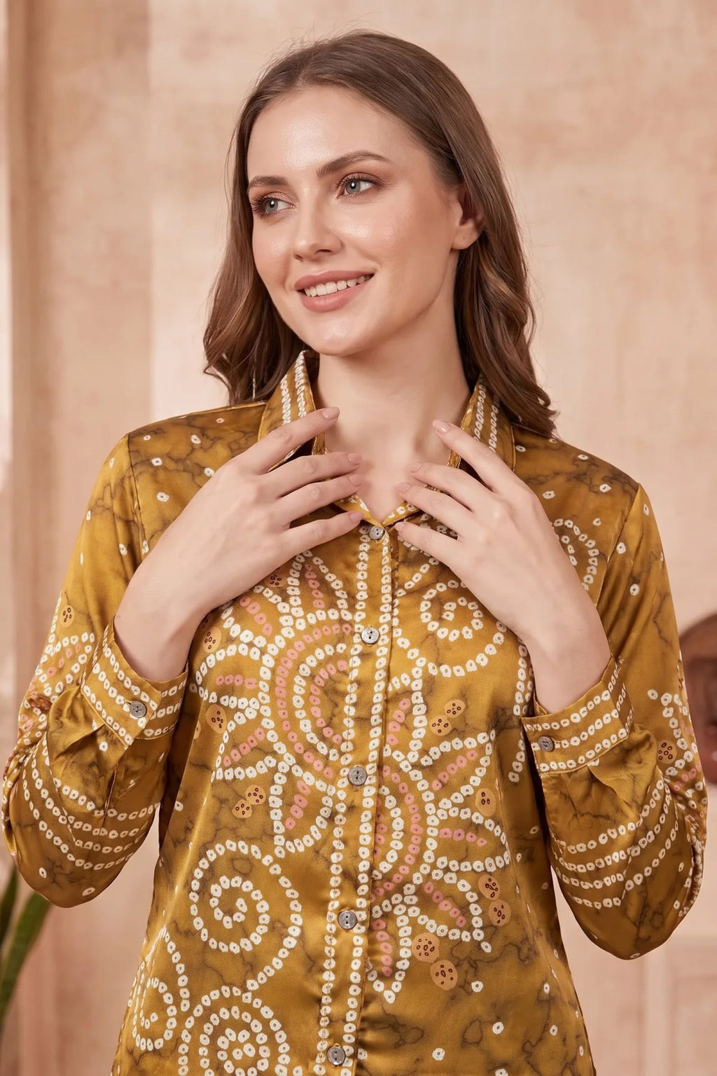 Mustard Modal Crepe Silk Bandhani Print Shirt with Floral Back Panel
