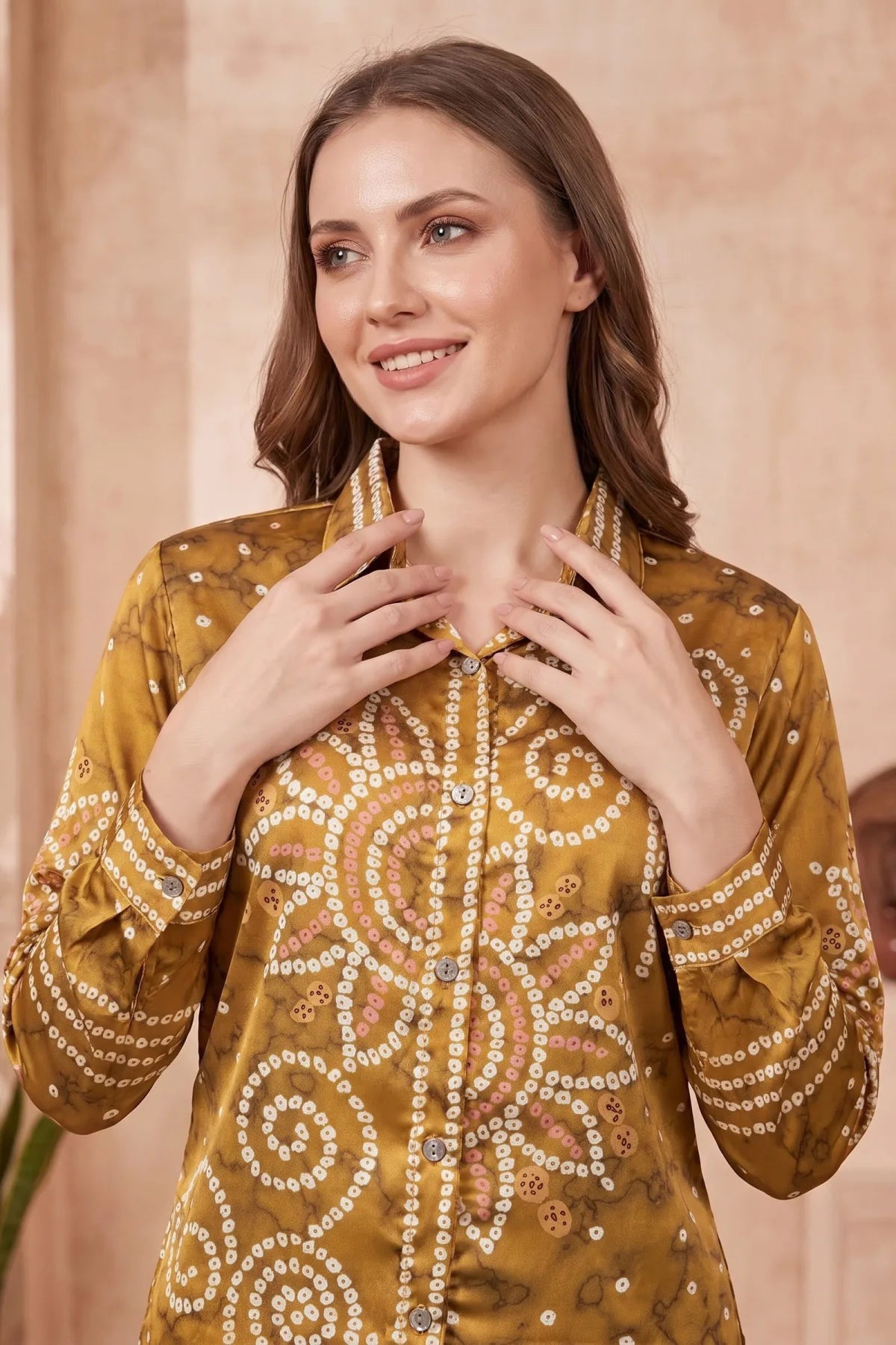 Mustard Modal Crepe Silk Bandhani Print Shirt with Floral Back Panel