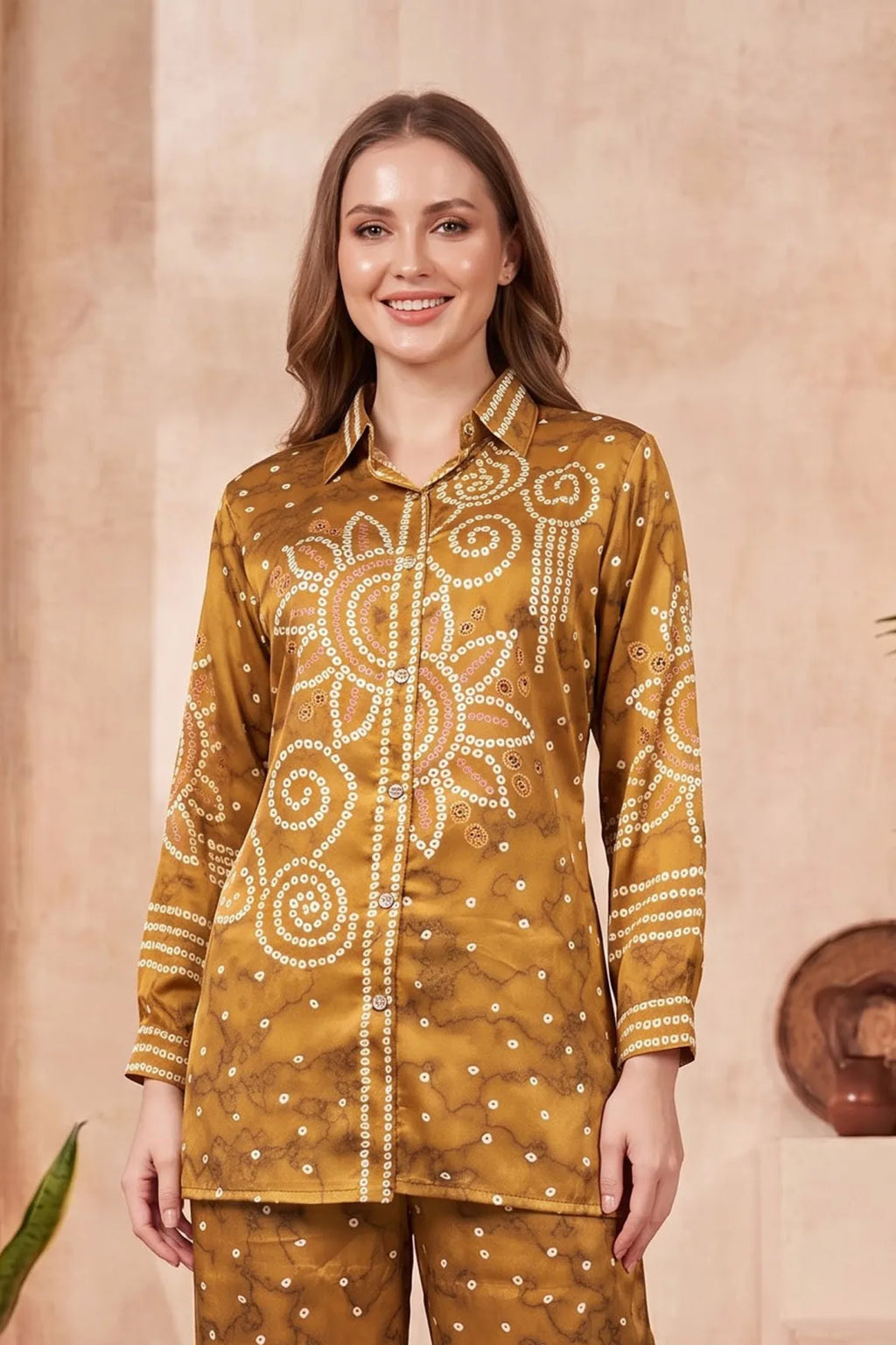 Mustard Modal Crepe Silk Bandhani Print Shirt with Floral Back Panel