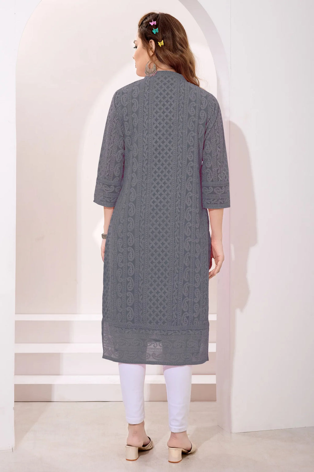Gray Fine Georgette Kurta with Chicken Embroidery
