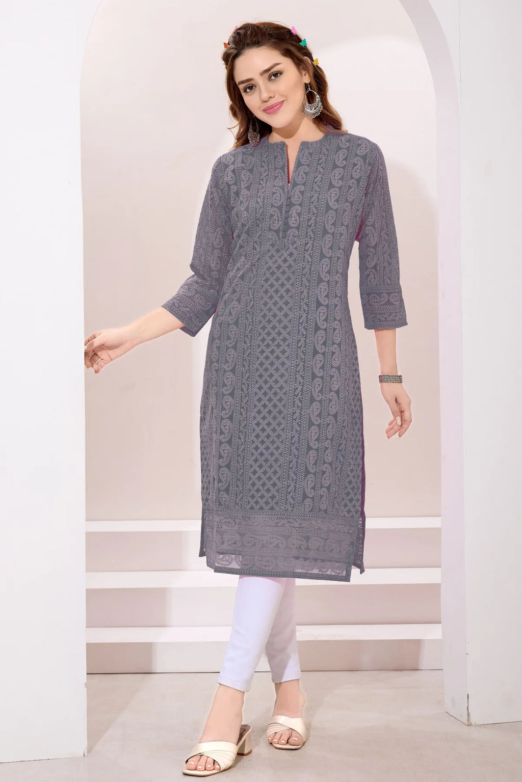 Gray Fine Georgette Kurta with Chicken Embroidery