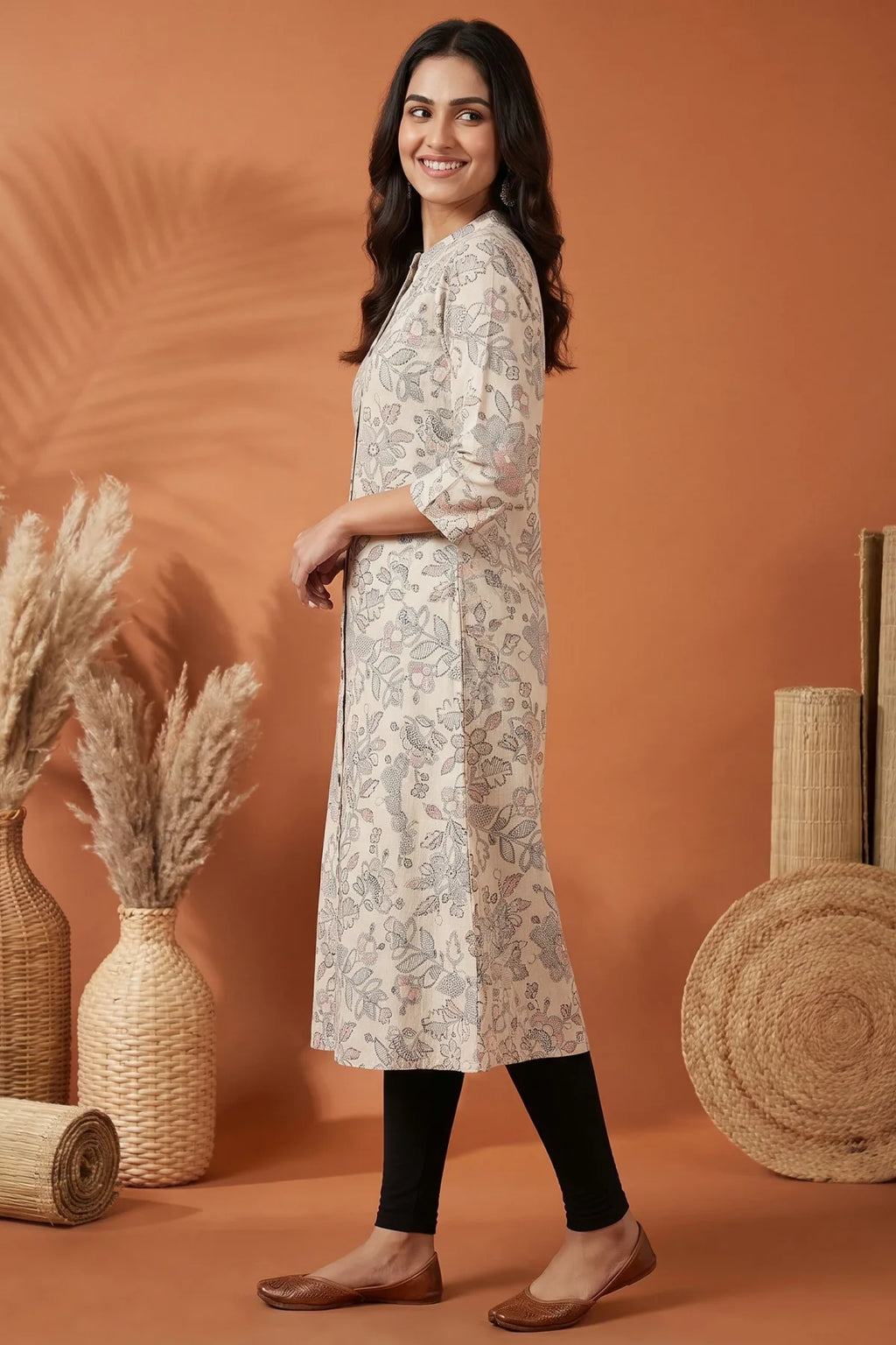 Cream Cotton A Line Princess Cut Kurta with Floral Print