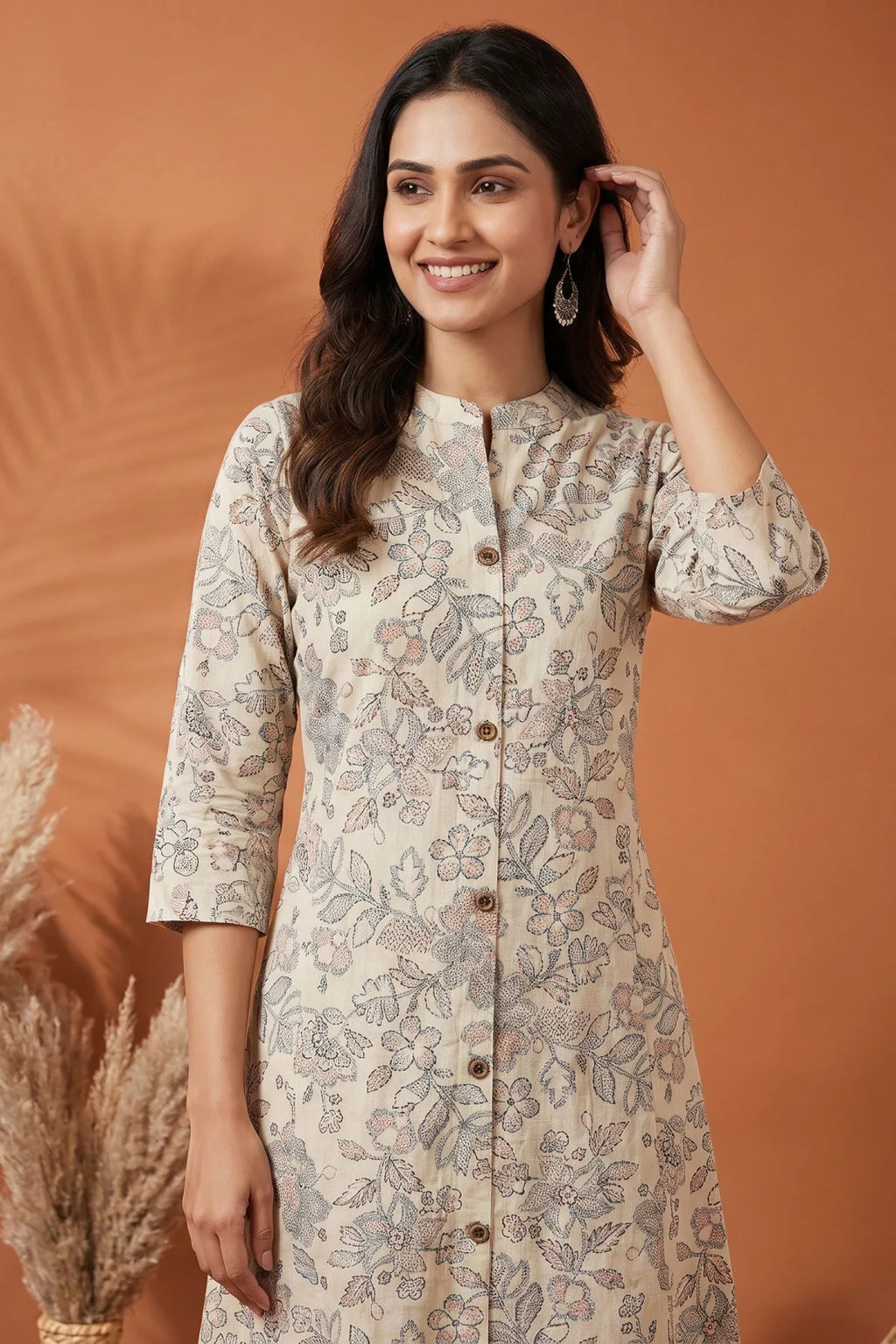 Cream Cotton A Line Princess Cut Kurta with Floral Print