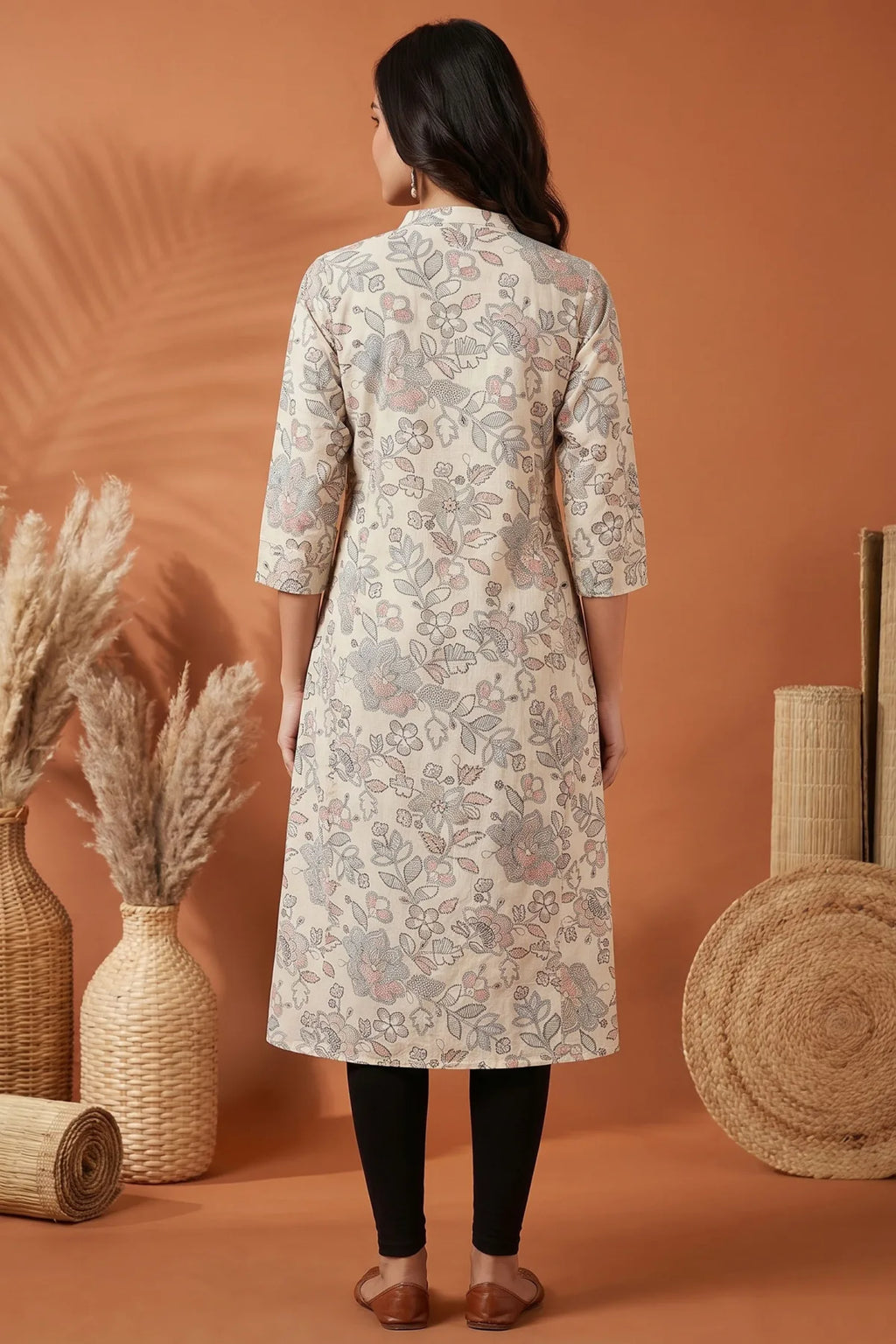 Cream Cotton A Line Princess Cut Kurta with Floral Print