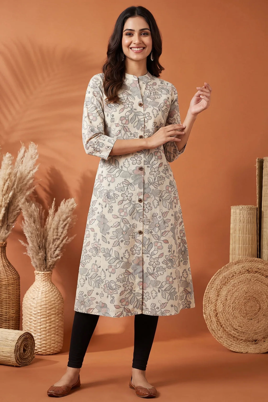 Cream Cotton A Line Princess Cut Kurta with Floral Print