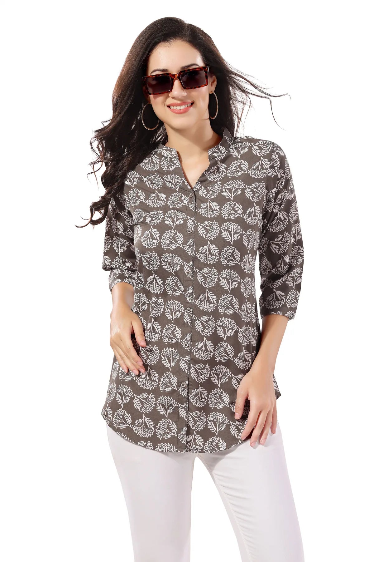 Grey Poly Crepe Short Tunic Top