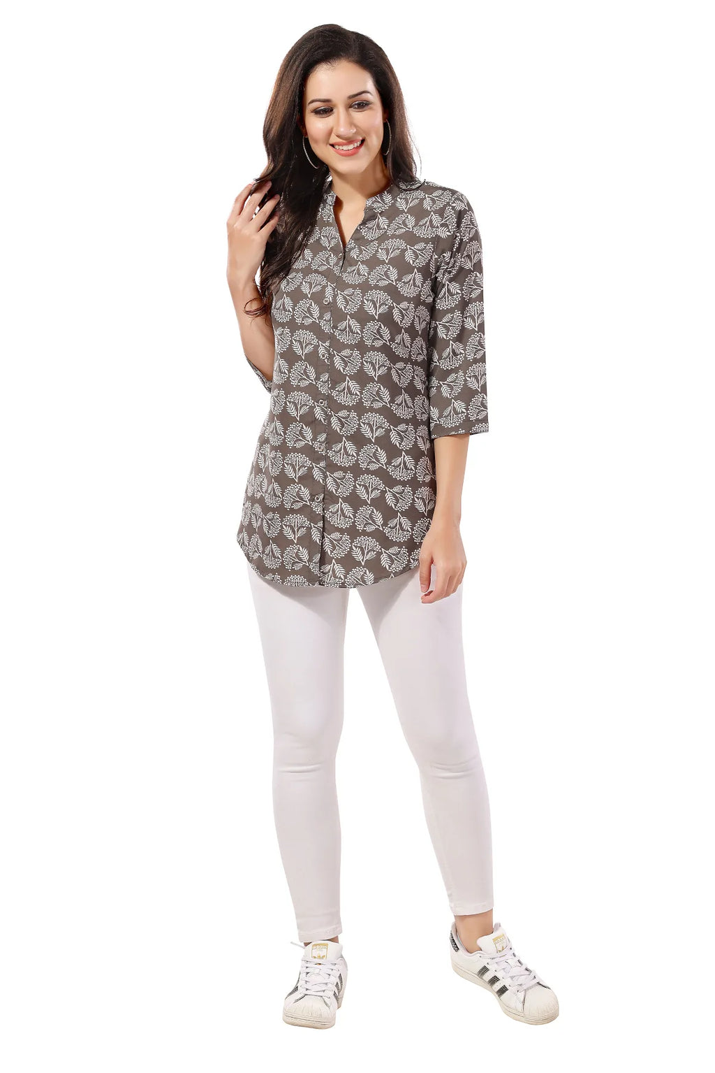 Grey Poly Crepe Short Tunic Top