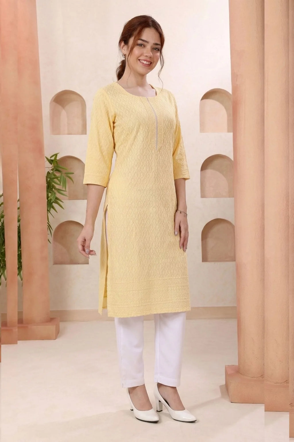 Yellow Rayon Chikankari Straight Kurta for Women