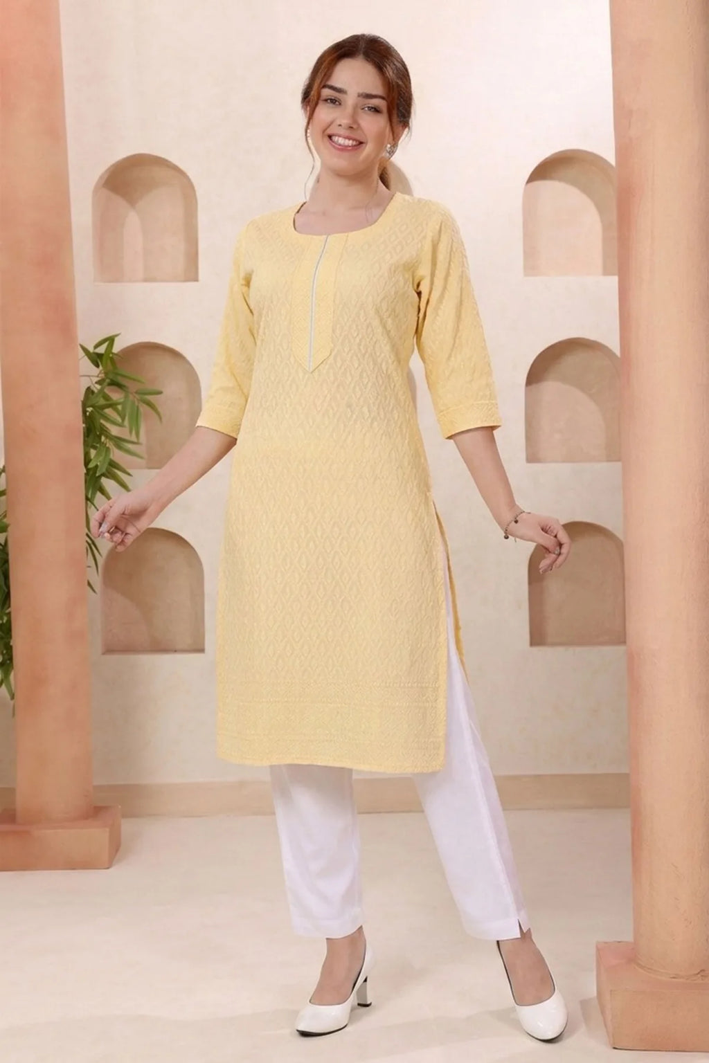 Yellow Rayon Chikankari Straight Kurta for Women