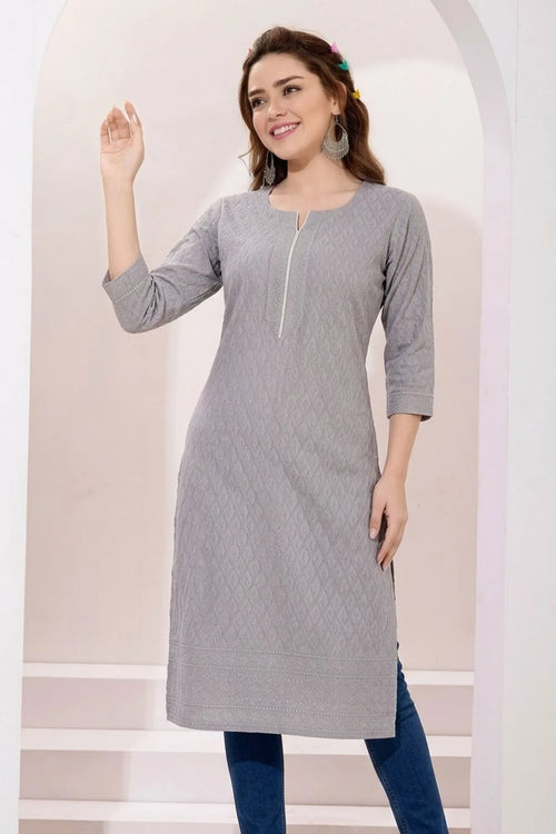 Ash Gray Rayon Chikankari Straight Long Kurta for Women