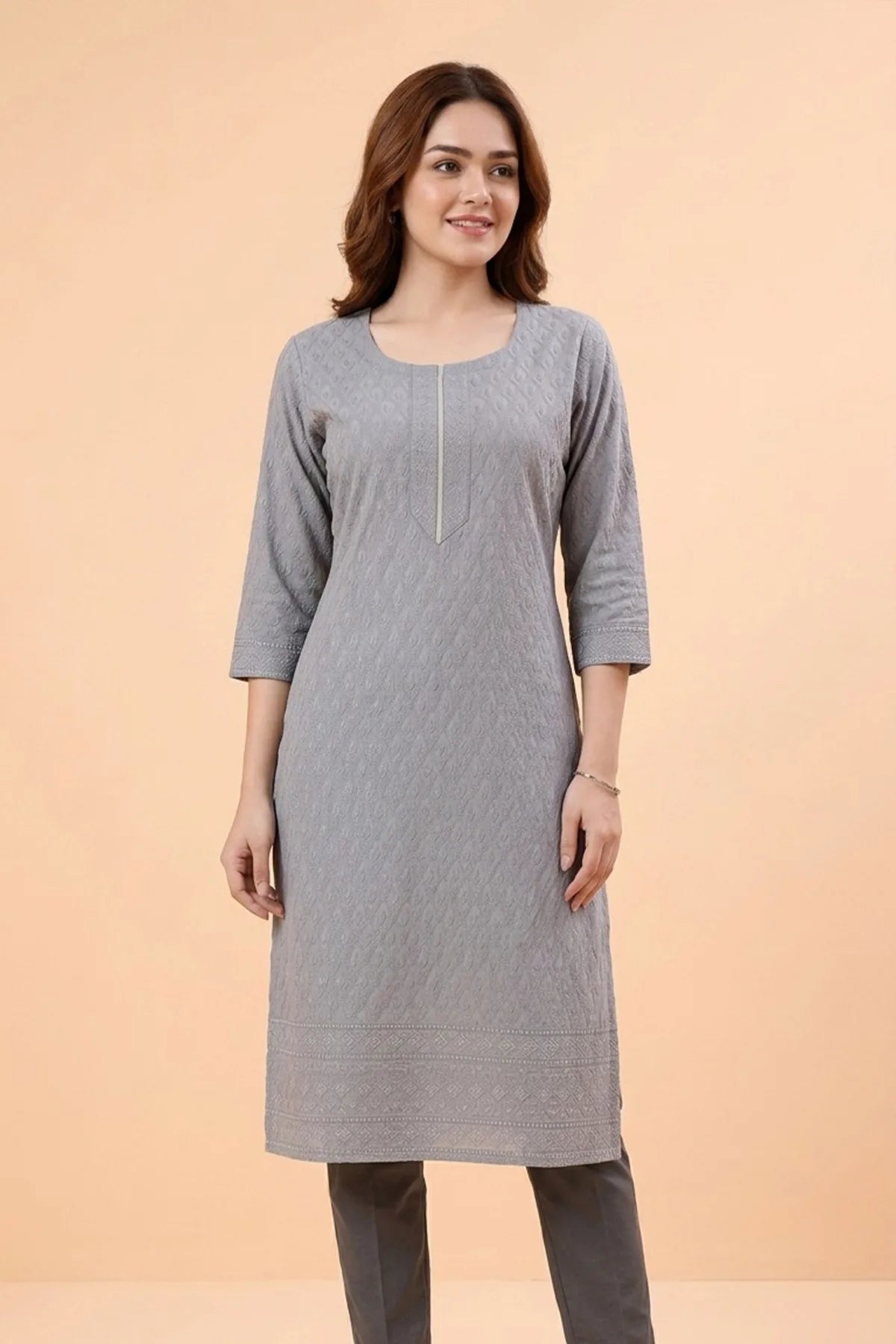Ash Gray Rayon Chikankari Straight Long Kurta for Women