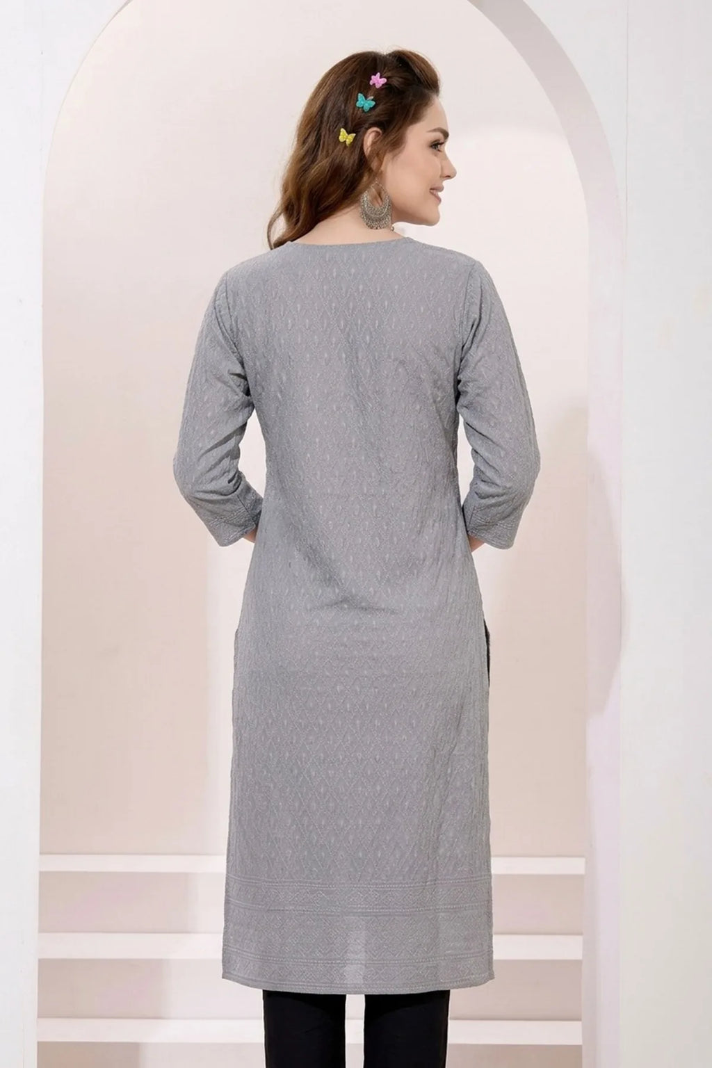 Ash Gray Rayon Chikankari Straight Long Kurta for Women