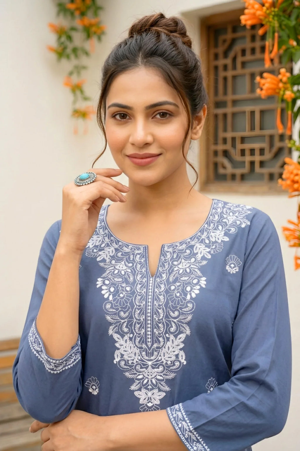 Gray Rayon Short Kurti with Chikankari Embroidery