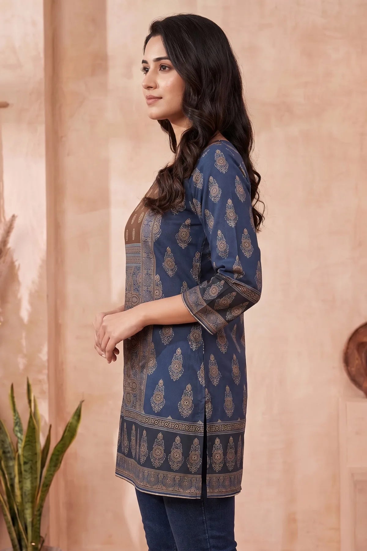 Indigo Blue Blended Cotton Azrakh Print Short Kurti
