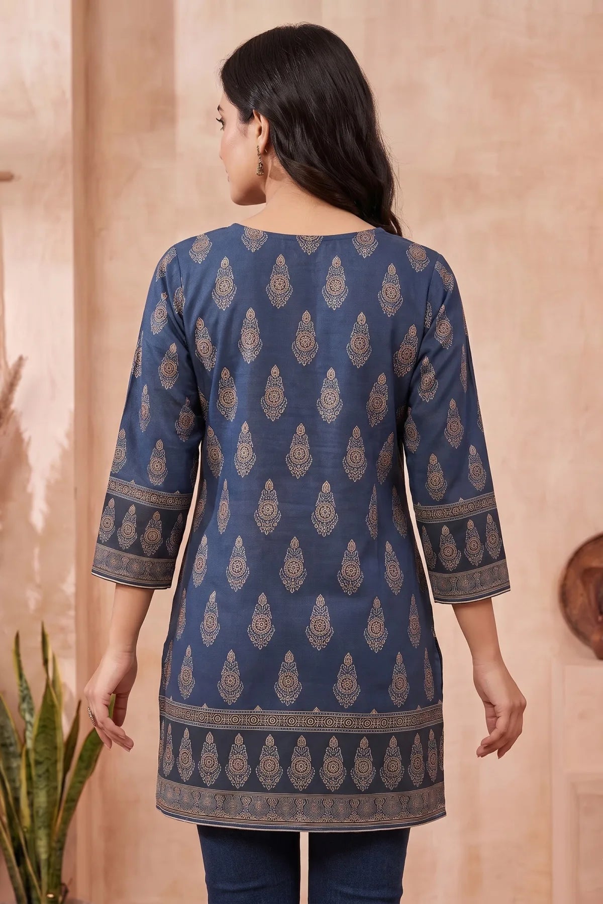 Indigo Blue Blended Cotton Azrakh Print Short Kurti