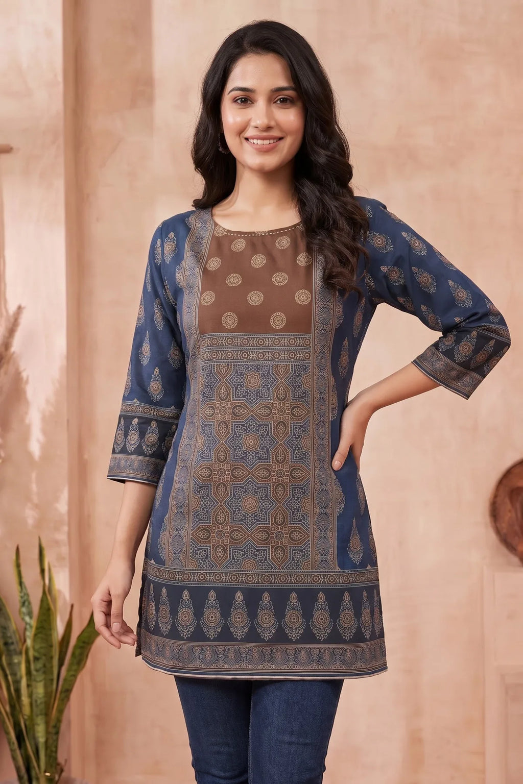 Indigo Blue Blended Cotton Azrakh Print Short Kurti