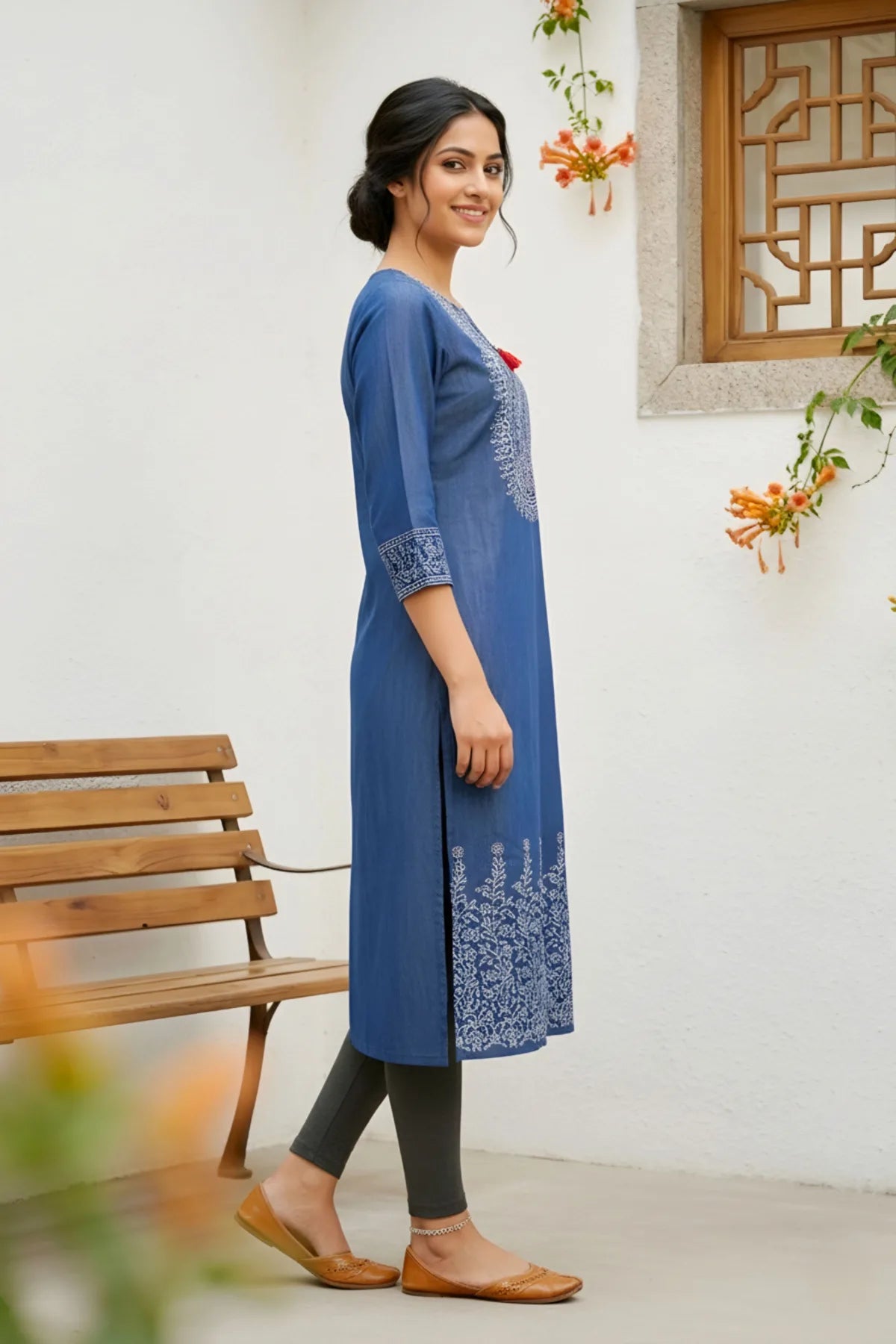Indigo Denim Kurti with Ethnic Print and Thread Work