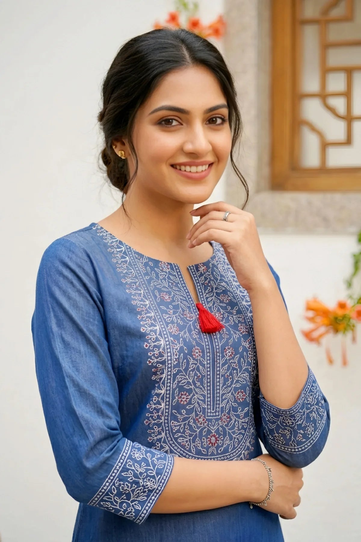 Indigo Denim Kurti with Ethnic Print and Thread Work