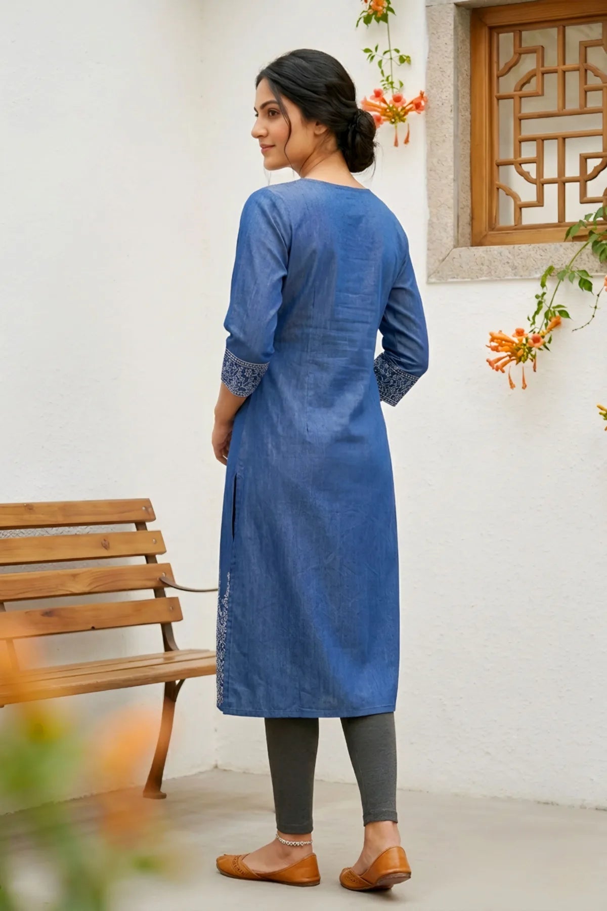 Indigo Denim Kurti with Ethnic Print and Thread Work