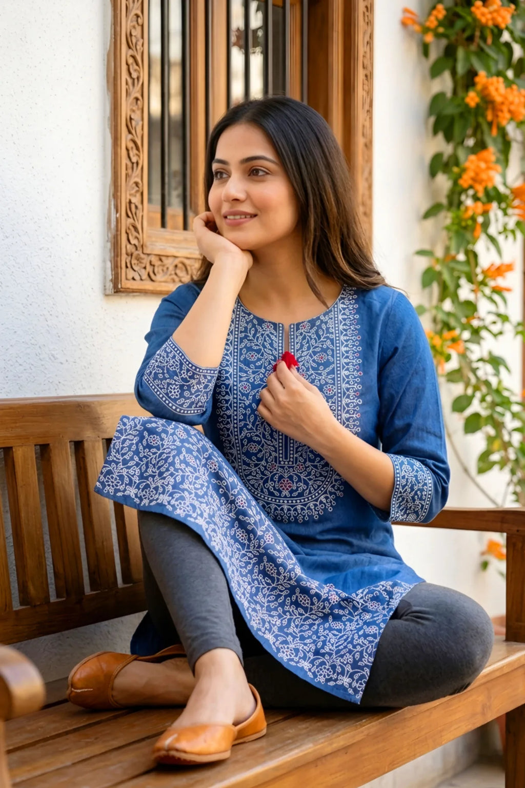 Indigo Denim Kurti with Ethnic Print and Thread Work
