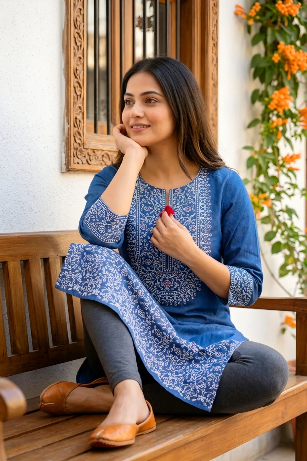 Indigo Denim Kurti with Ethnic Print and Thread Work