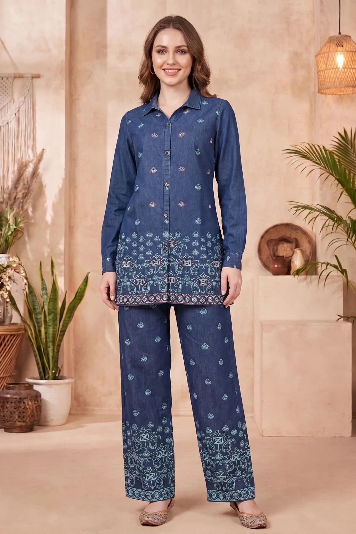 Indigo Blue Denim Co-ord Set with Thread Embroidery