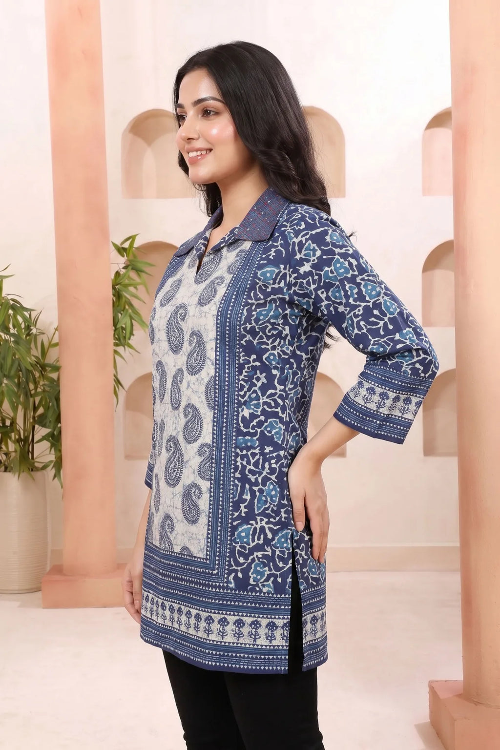 Indigo Paisley Cotton Short Kurti with Thread Work Collar