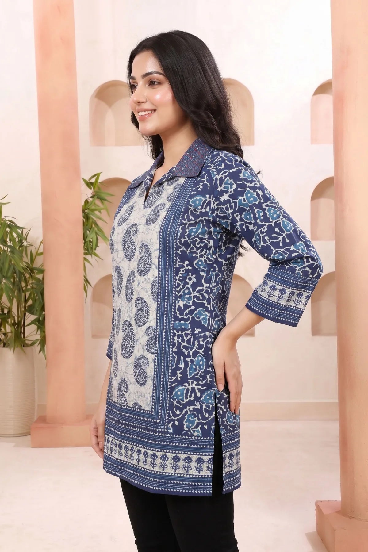 Indigo Paisley Cotton Short Kurti with Thread Work Collar