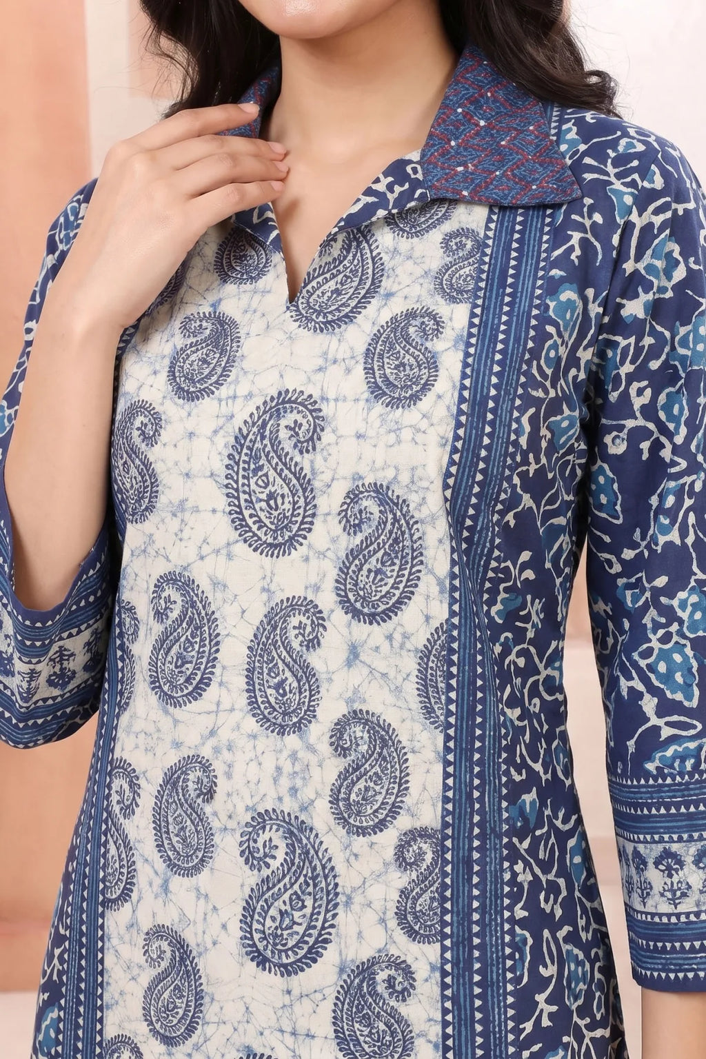 Indigo Paisley Cotton Short Kurti with Thread Work Collar
